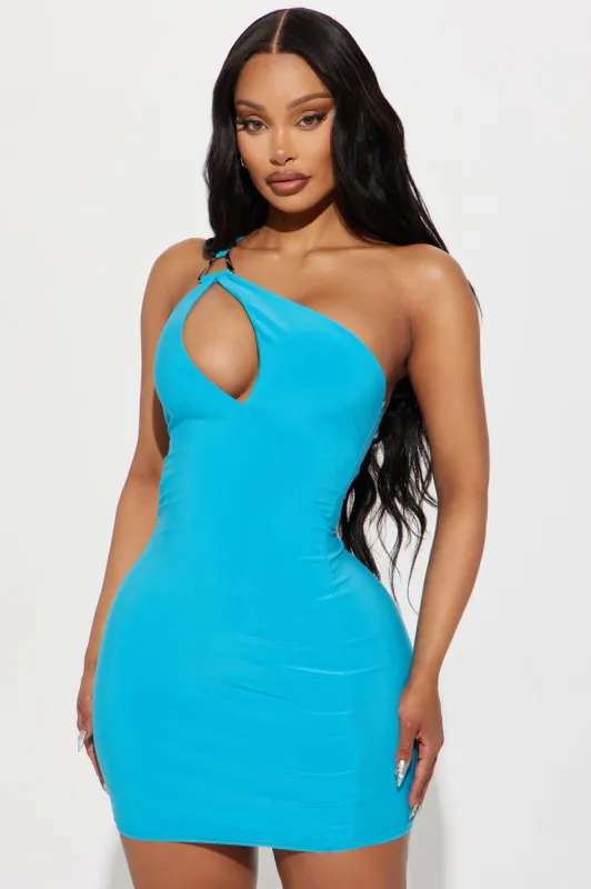 Ollia One Shoulder Mini Dress - Turquoise sold by Fashion Nova