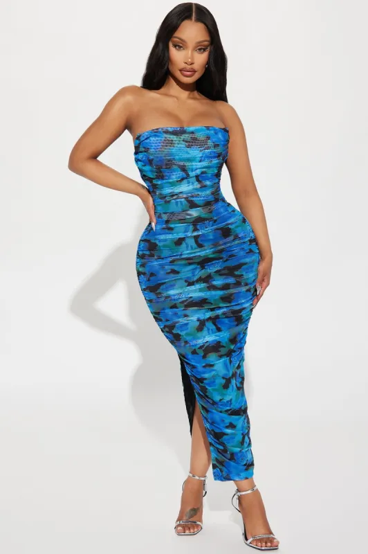 Aubriella Mesh Midi Dress - Blue/combo sold by Fashion Nova