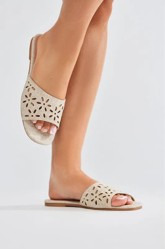 Switch Up Denim Flat Sandals - Beige sold by Fashion Nova