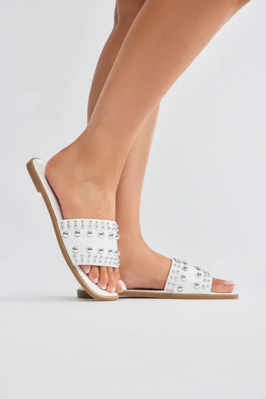 Really Going For It Studded Flat Sandals - White sold by Fashion Nova