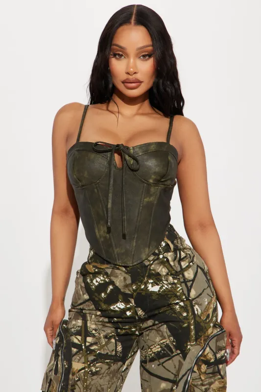 Fast Lane Washed Faux Leather Corset Top - Olive sold by Fashion Nova