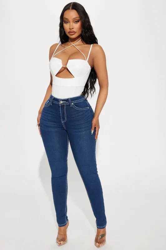 No Understatement Embellished Stretch Skinny Jeans - Dark Wash sold by Fashion Nova