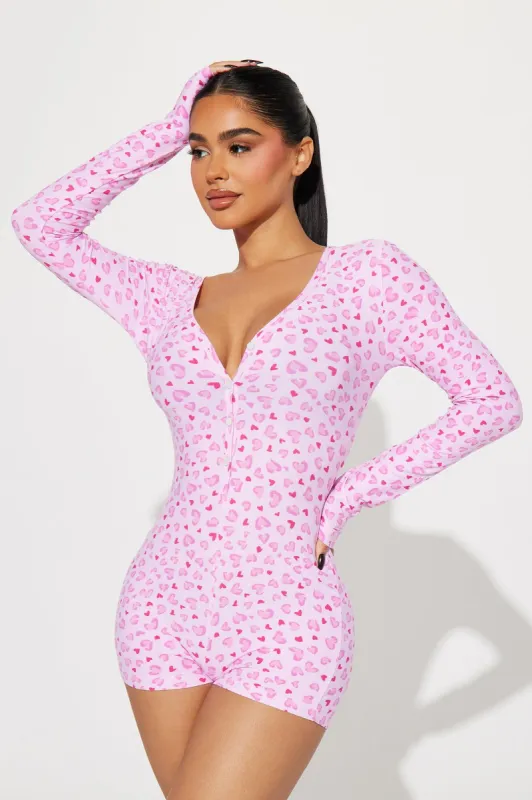 Wild In Love Long Sleeve PJ Romper Onesie - Pink/Pink sold by Fashion Nova