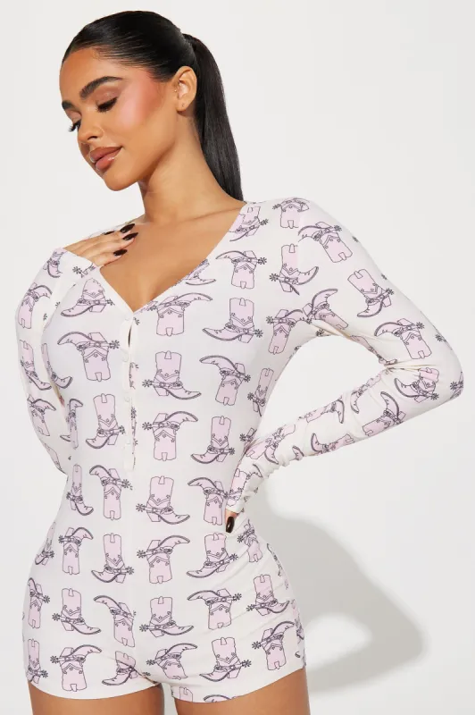 Damn Straight Long Sleeve PJ Romper Onesie - Tan/Multi sold by Fashion Nova