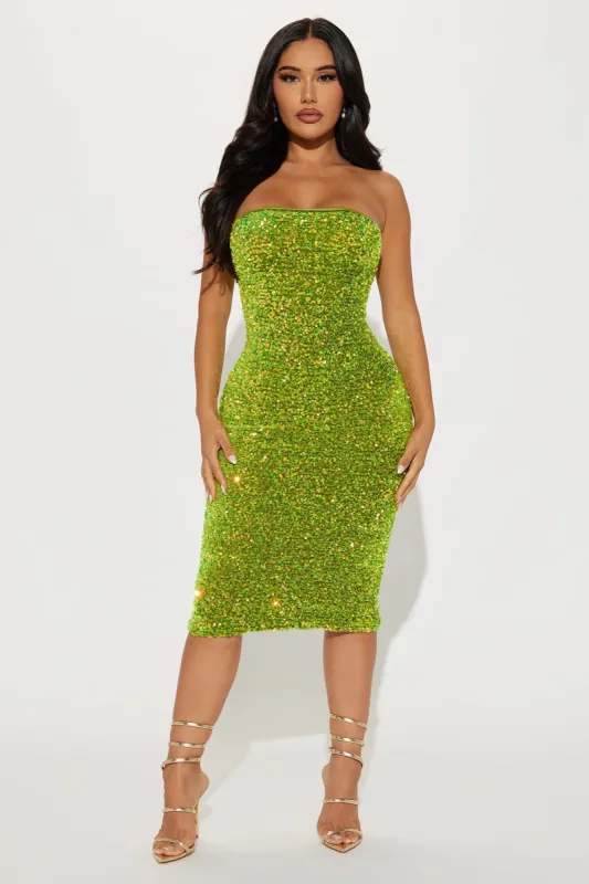 Dublin Sequin Midi Dress - Chartreuse sold by Fashion Nova