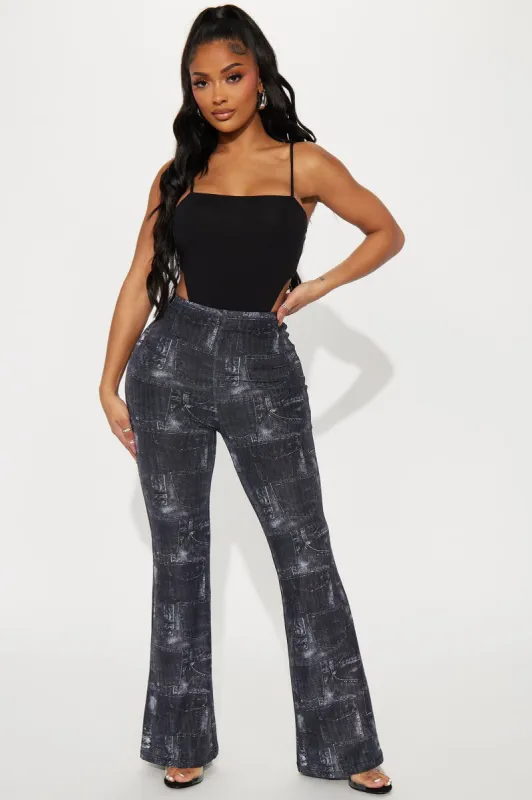 Baby Come Back Printed Denim Flare Pant - Black sold by Fashion Nova