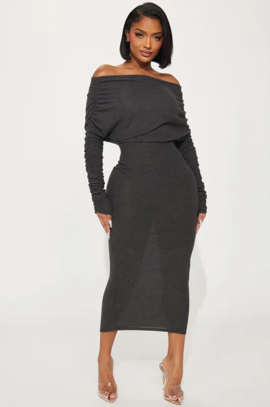 Yasmine Off Shoulder Sweater Maxi Dress - Charcoal sold by Fashion Nova