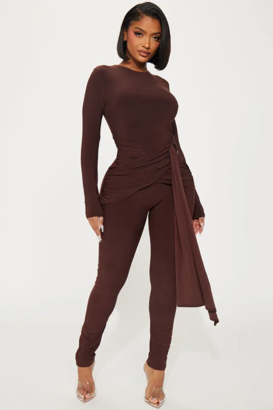 Wrapped Around You Jumpsuit - Chocolate sold by Fashion Nova