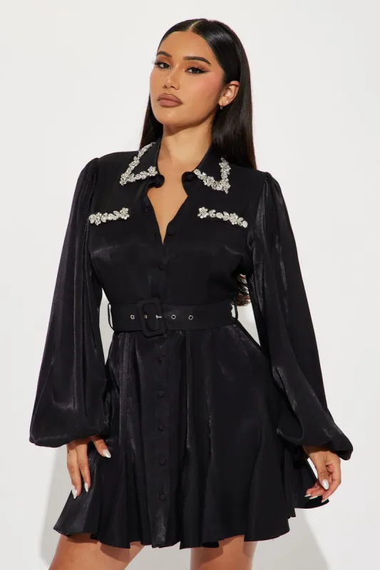 Leah Embellished Mini Shirt Dress - Black sold by Fashion Nova
