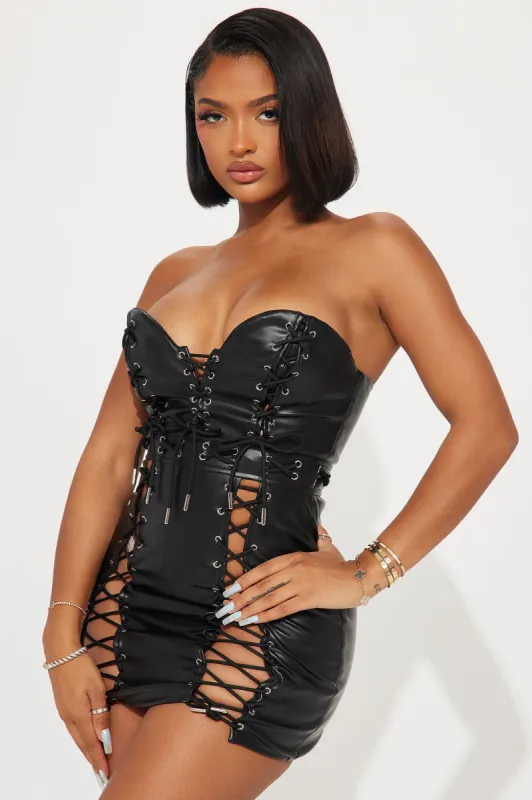 Lace Up Faux Leather Mini Dress - Black sold by Fashion Nova