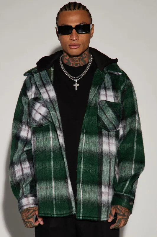 Rainier Mohair Hooded Shacket - Green sold by Fashion Nova