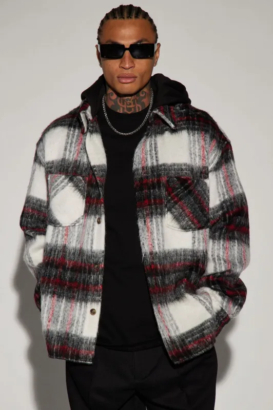 Rainier Mohair Hooded Shacket - Black/Red sold by Fashion Nova