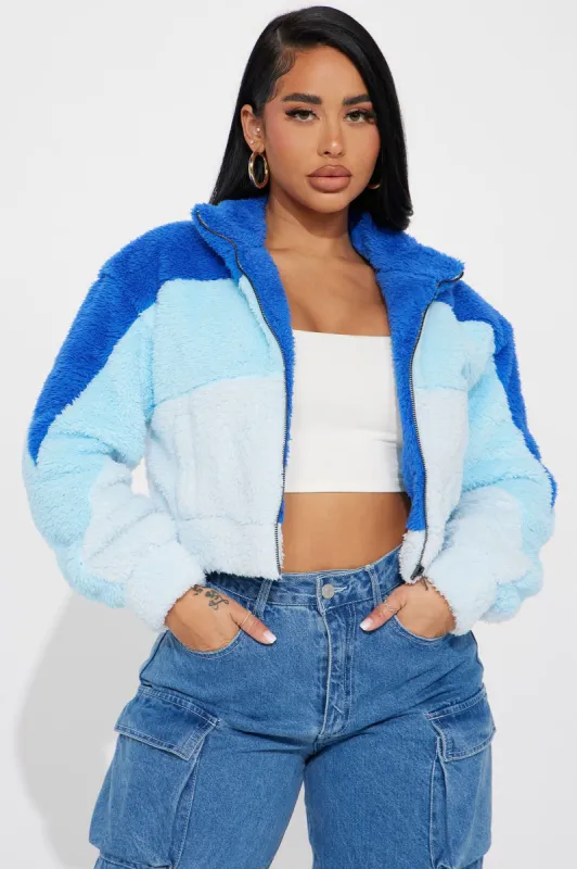Cozy Little Teddy Jacket - Blue/combo sold by Fashion Nova