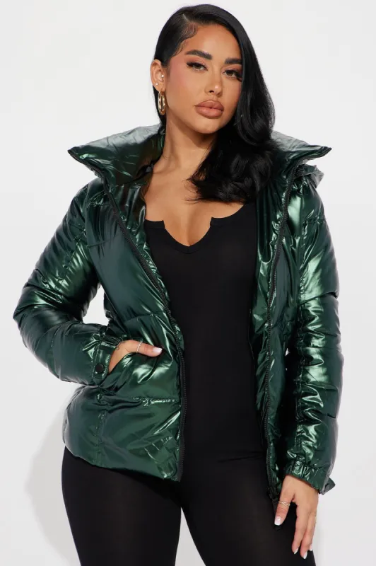 I Need Space Metallic Puffer Jacket - Green made by Fashion Nova