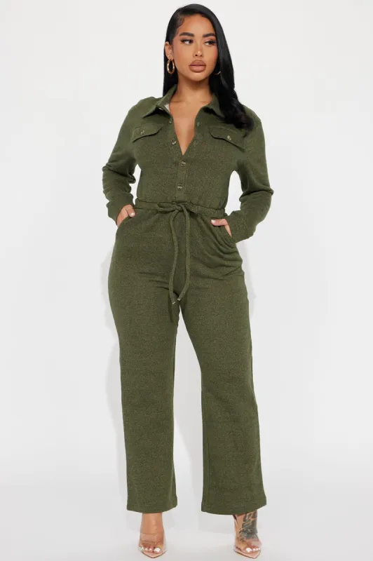 Chill Afternoon French Terry Jumpsuit - Hunter sold by Fashion Nova