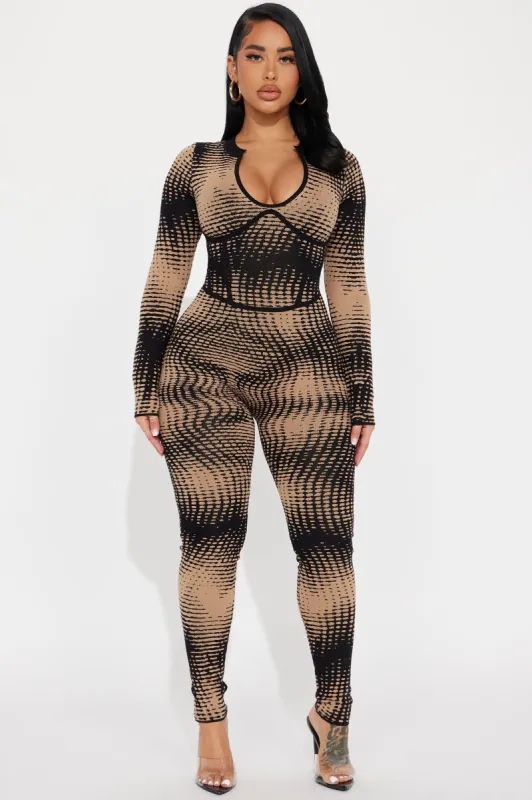 Next Time Around Sweater Jumpsuit - Taupe/combo sold by Fashion Nova