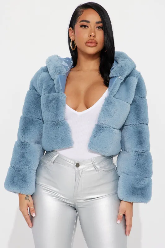 Let Me Upgrade You Faux Fur Coat - Light Blue sold by Fashion Nova