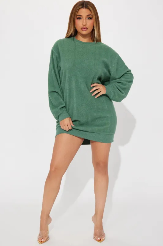 Not Sweating Sweatshirt Mini Dress - Green sold by Fashion Nova