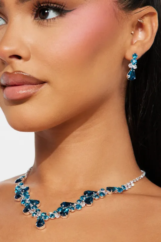 Living A Fairytale Necklace And Earring Set - Silver/Blue made by Fashion Nova