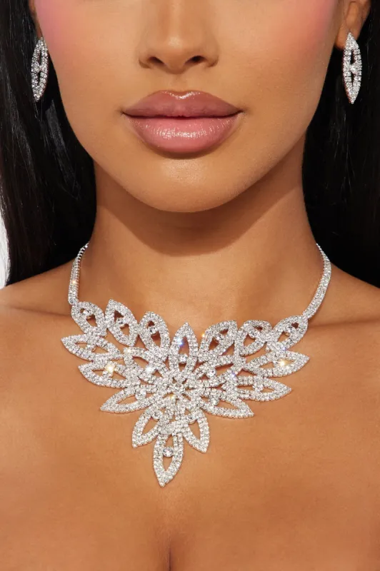 Flower Petal Rhinestone Necklace And Earring Set - Silver sold by Fashion Nova