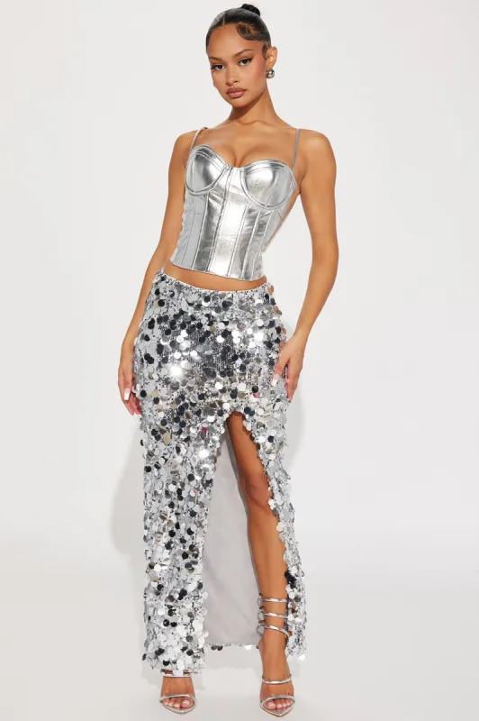 Britney Sequin Maxi Skirt - Silver sold by Fashion Nova