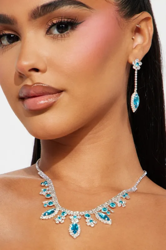 She's Charming Necklace And Earring Set - Silver/Blue sold by Fashion Nova
