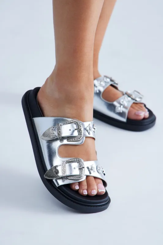 Keep It Edgy Slides - Silver sold by Fashion Nova