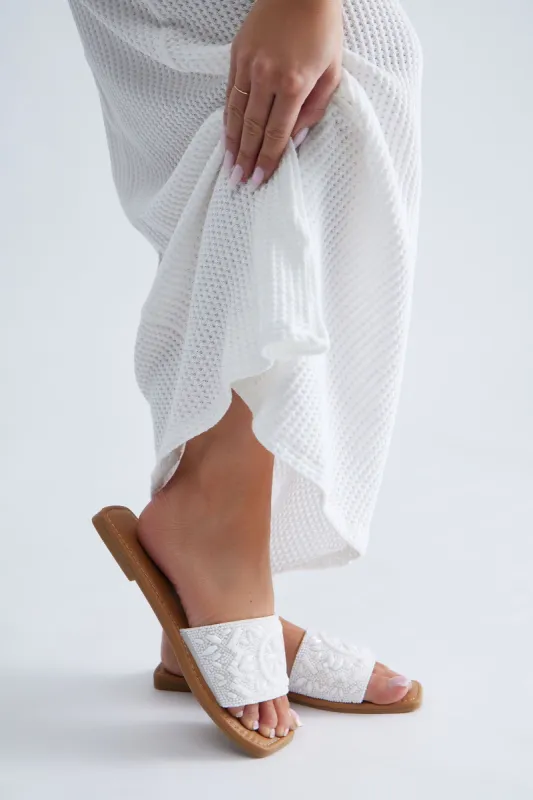 Vacation Vibes Beaded Sandals - White sold by Fashion Nova