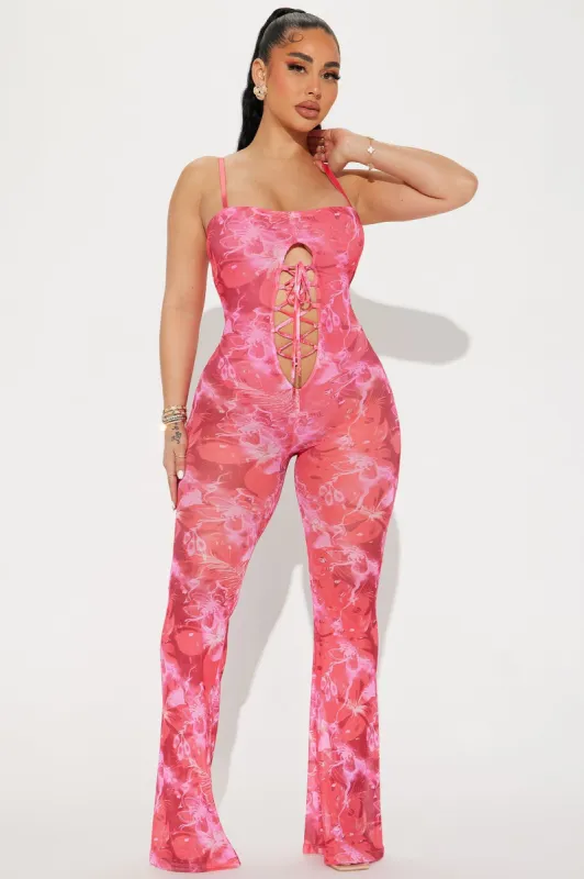 Floral Secrets Mesh Jumpsuit - Red/combo sold by Fashion Nova