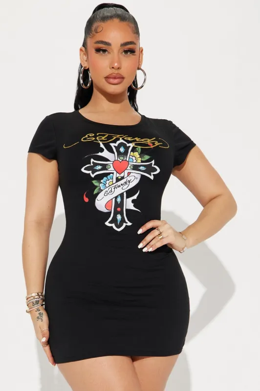 Ed Hardy Cross T Shirt Mini Dress - Black sold by Fashion Nova