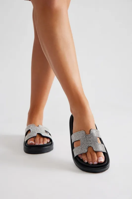 No Lies Embellished Casual Slides - Black sold by Fashion Nova