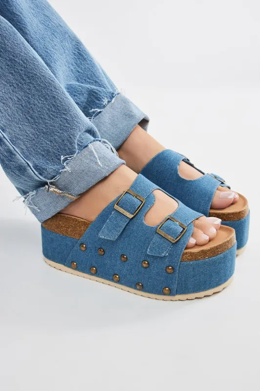 Aryanna Platform Slides - Denim sold by Fashion Nova