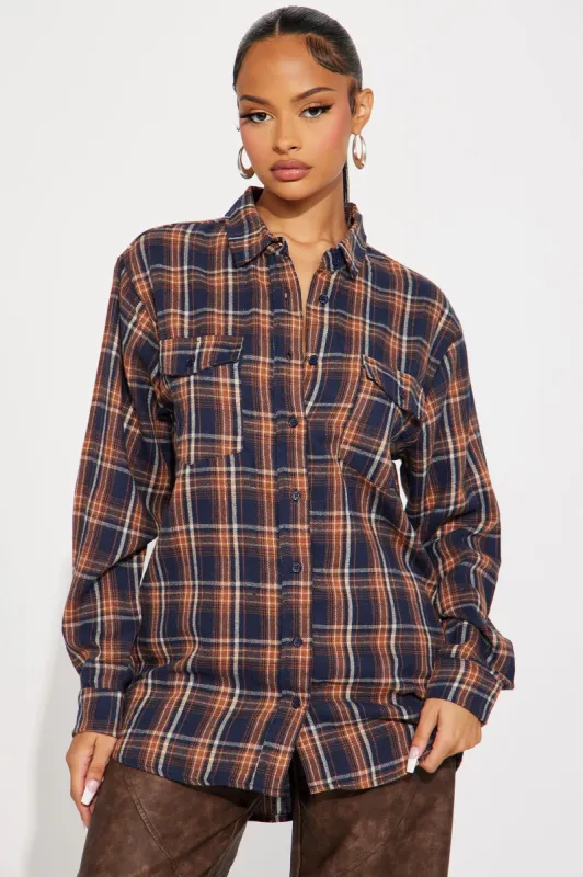 Casual Nights Oversized Plaid Shirt  - Navy/combo sold by Fashion Nova
