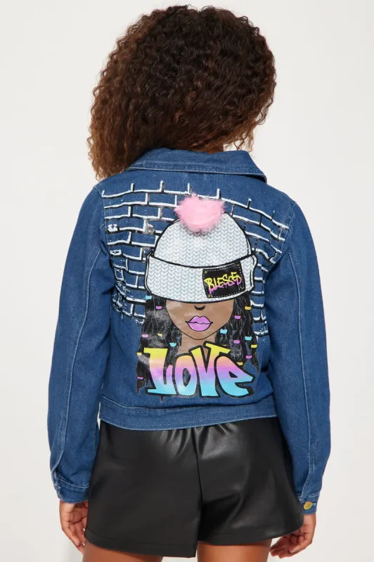 Mini 3D Faux Fur Puff Denim Jacket - Medium Wash sold by Fashion Nova