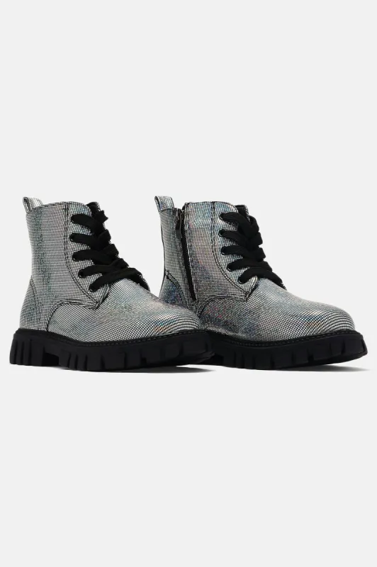 Mini Disco Ball Combat Boots - Silver/Black sold by Fashion Nova
