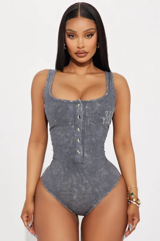 New York Washed Bodysuit - Charcoal sold by Fashion Nova