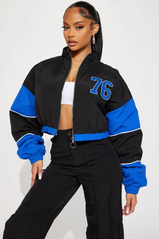 Always The Champ Bomber Jacket - Blue/combo sold by Fashion Nova