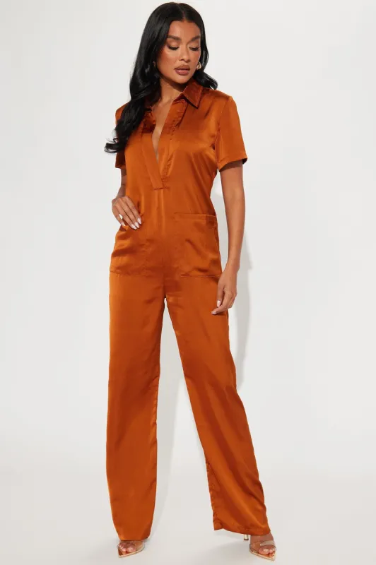 Nyra Satin Jumpsuit - Copper sold by Fashion Nova