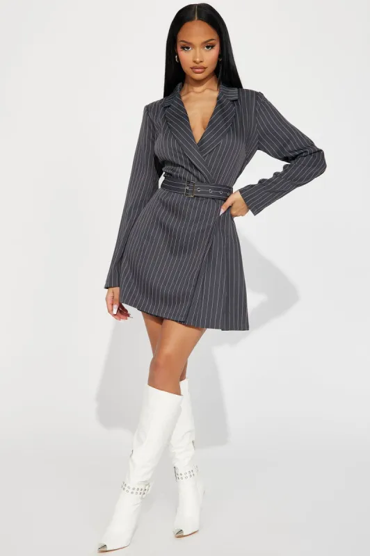 She Is The Boss Pinstripe Blazer Dress - Charcoal sold by Fashion Nova