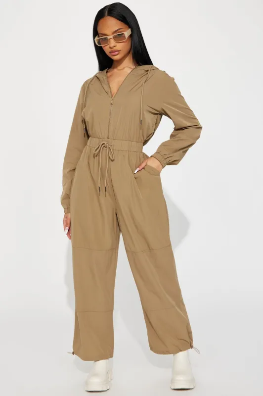 In My Sporty Era Windbreaker Jumpsuit - Olive sold by Fashion Nova