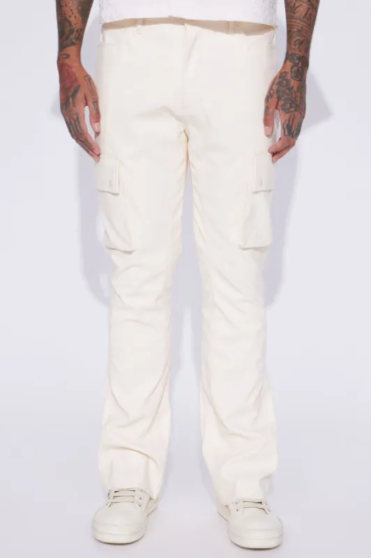 Finest Faux Leather Cargo Flare Pants - Cream sold by Fashion Nova