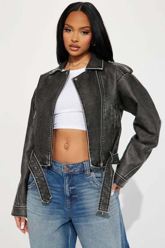 My Time Washed Faux Leather Moto Jacket - Charcoal sold by Fashion Nova