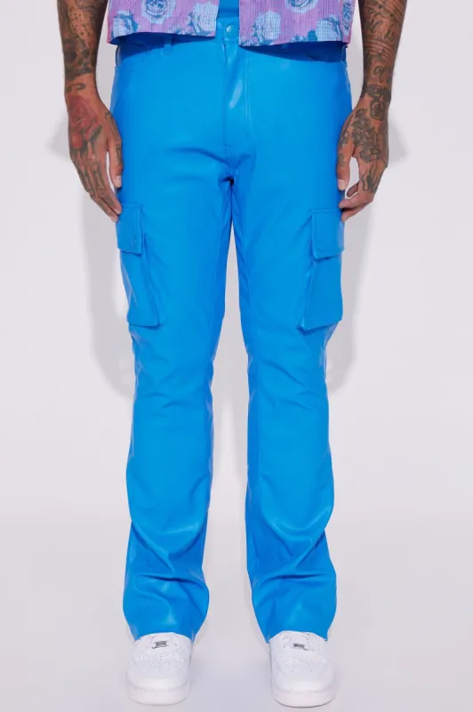Finest Faux Leather Cargo Flare Pants - Blue sold by Fashion Nova