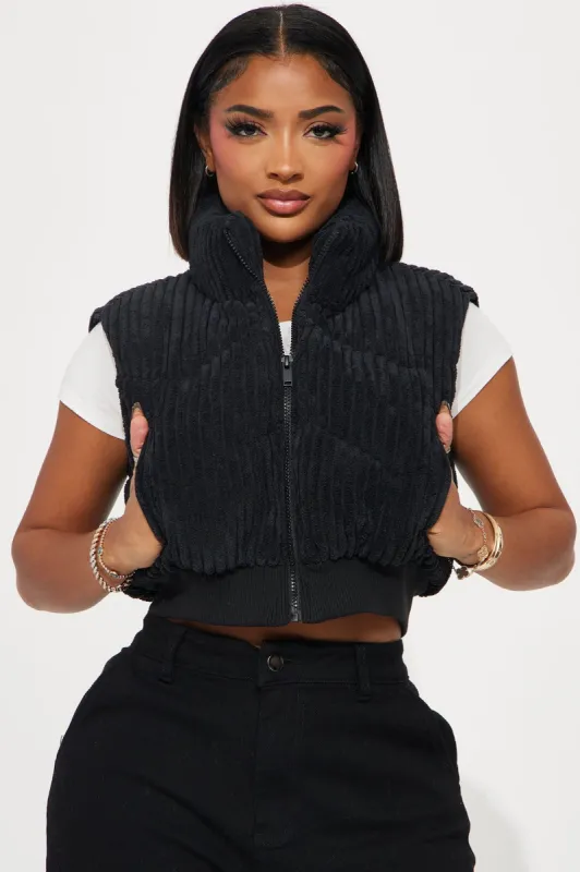 Jhene Corduroy Puffer Vest - Black sold by Fashion Nova