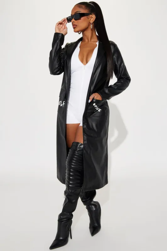 Queen Status Only Faux Leather Trench - Black/White sold by Fashion Nova