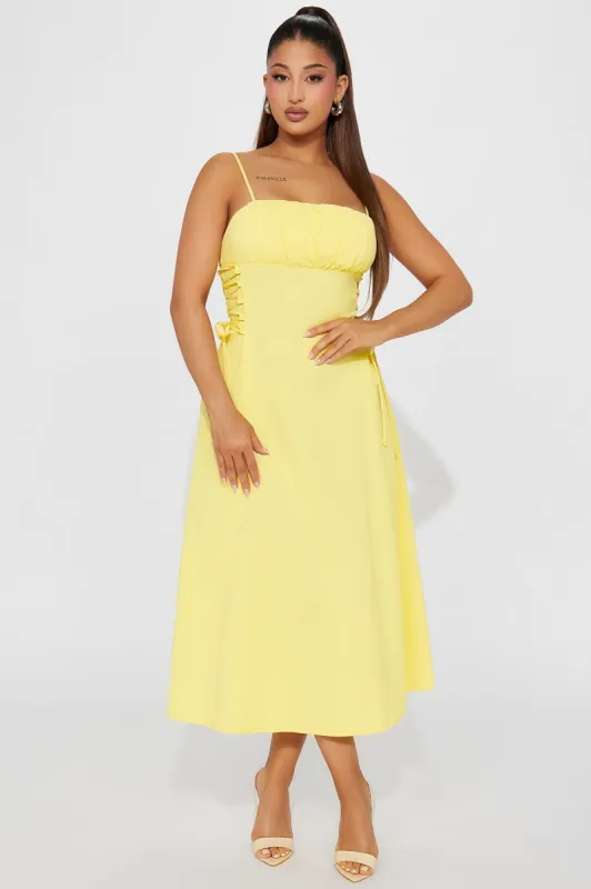 Jackie Lace Up Mid Dress - Yellow sold by Fashion Nova