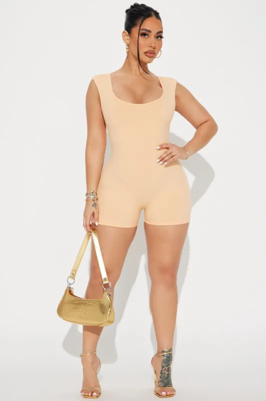 Rachel Snatched Romper - Peach sold by Fashion Nova
