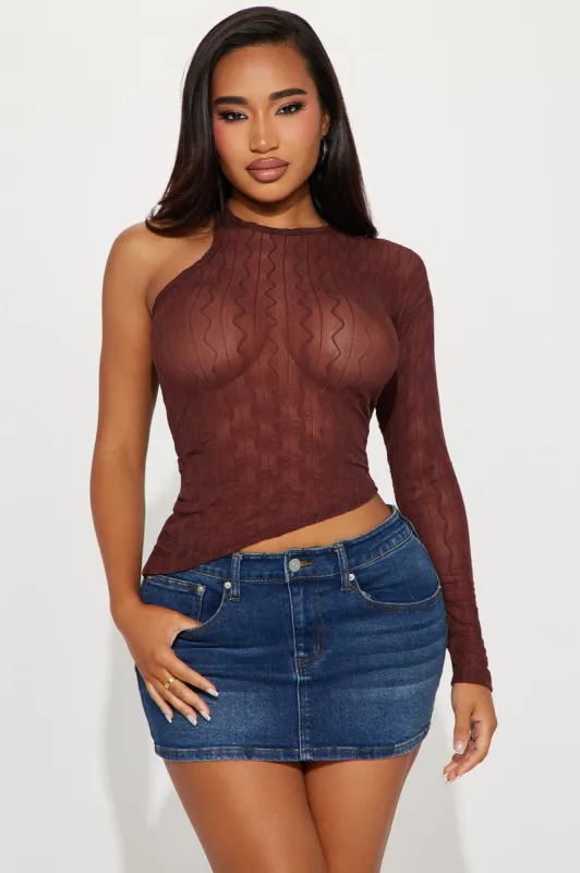 Lia Mesh One Shoulder Top - Brown sold by Fashion Nova
