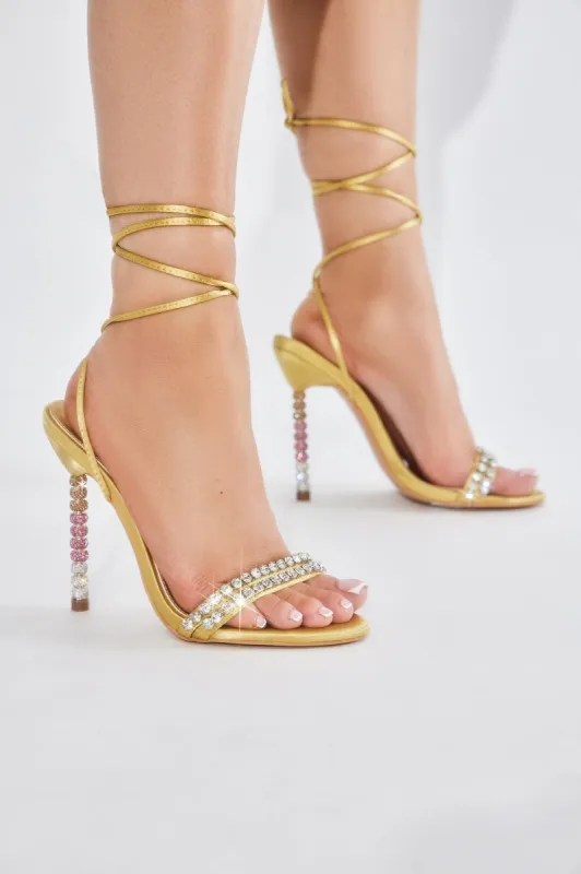 Feeling Loved Wrap Up Embellished Heels - Yellow sold by Fashion Nova