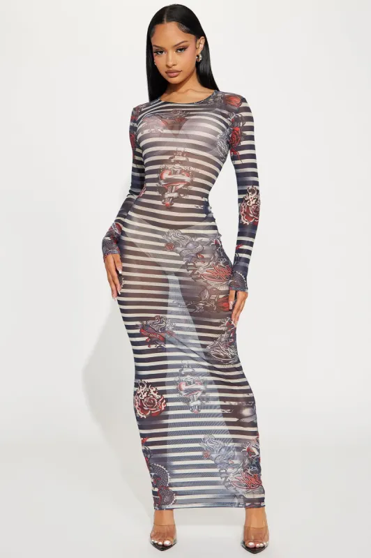 Amour Mesh Maxi Dress - Nude/combo sold by Fashion Nova